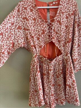 Free the Roses Coral Lace-Up Cutout Mini Romper